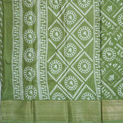 Kusum Silk in Olive Green Base with Kalamkari prints