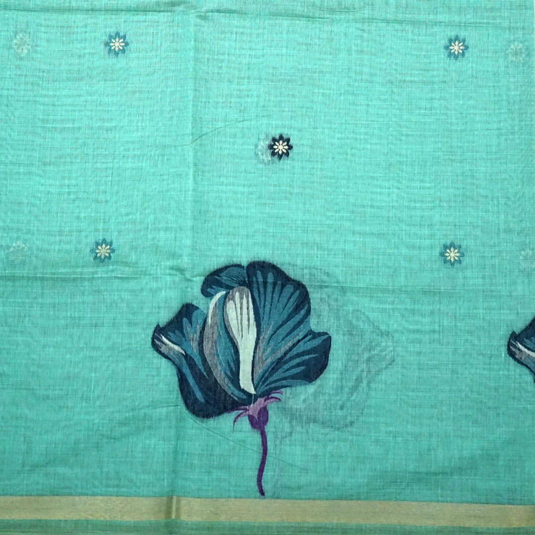 Resham Tussar in aqua blue linen-cotton base