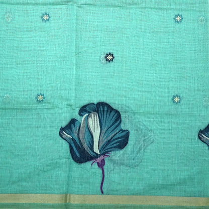 Resham Tussar in aqua blue linen-cotton base