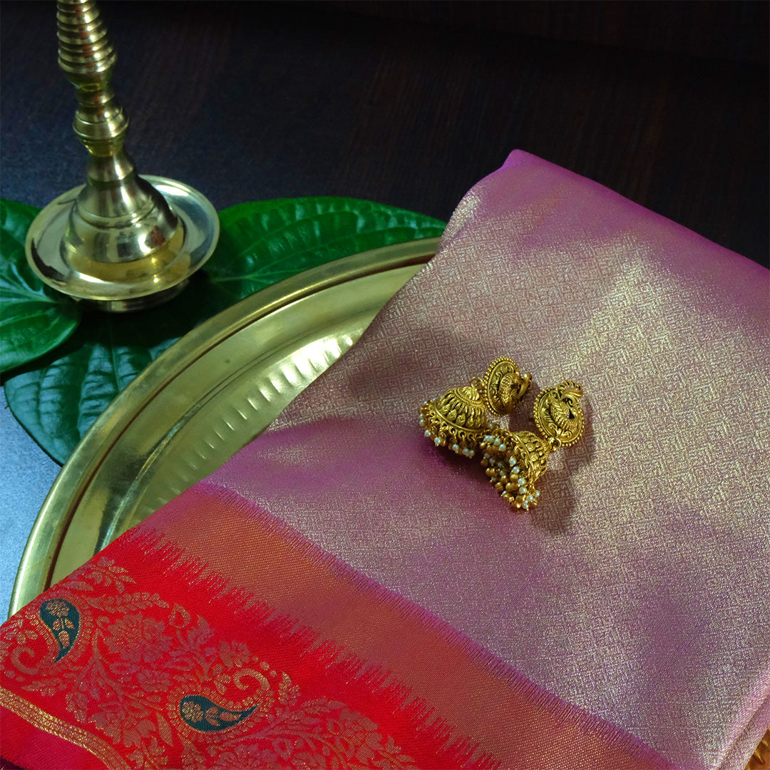 Silk Tulasi in Peach - Pink Base with Vibrant Red border