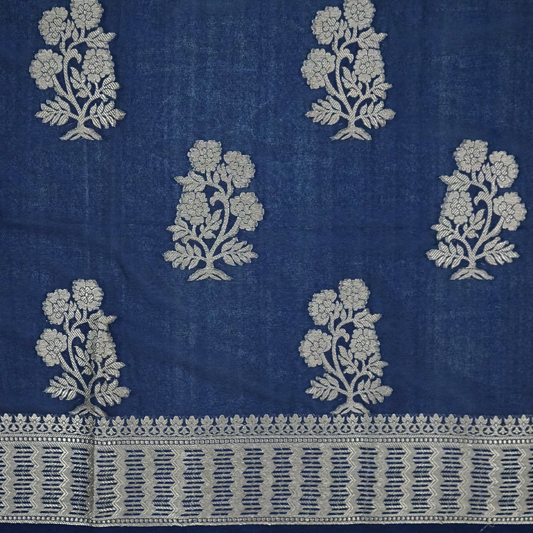 Neera Silk in Deep Navy Blue Base with Floral works