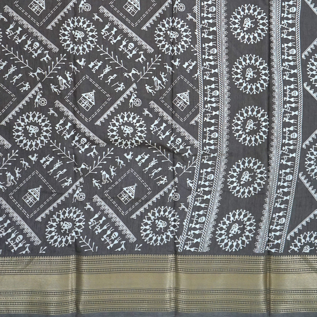 Kusum Silk in Charcoal Grey base with Kalamkari prints