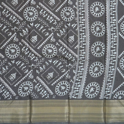 Kusum Silk in Charcoal Grey base with Kalamkari prints