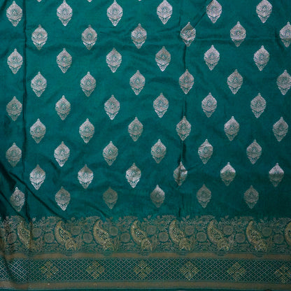 Rithvi Satin Teal blue color adorned with intricate golden zari embroidery
