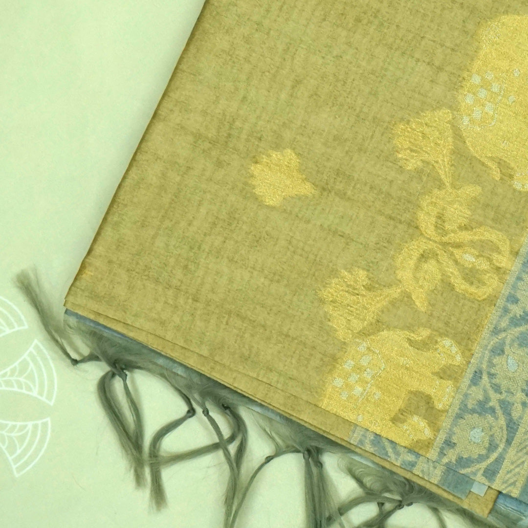 Olive Green Ambari Silk saree with Floral and Zari works