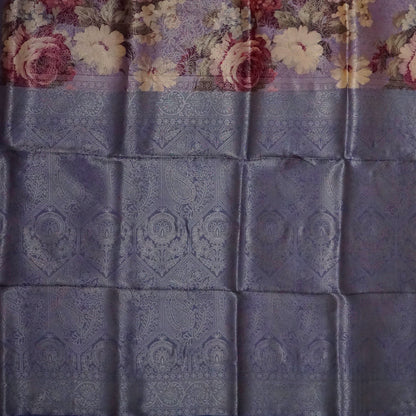 Silk Satin Soft lavender-grey shade with a floral pattern in hues of cream, beige, and deep mauve.