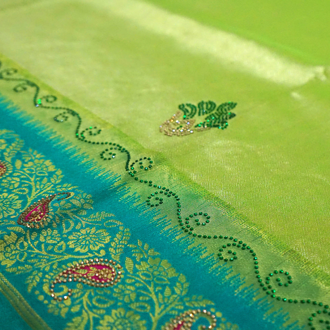 Silk Tulasi in Radiant Light Green with Teal Blue border