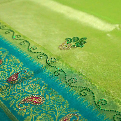 Silk Tulasi in Radiant Light Green with Teal Blue border