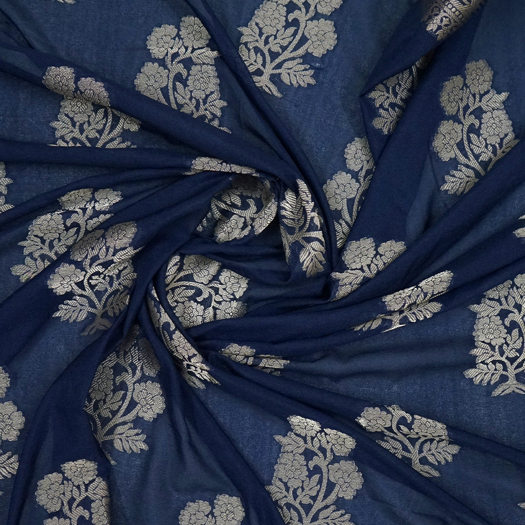 Neera Silk in Deep Navy Blue Base with Floral works