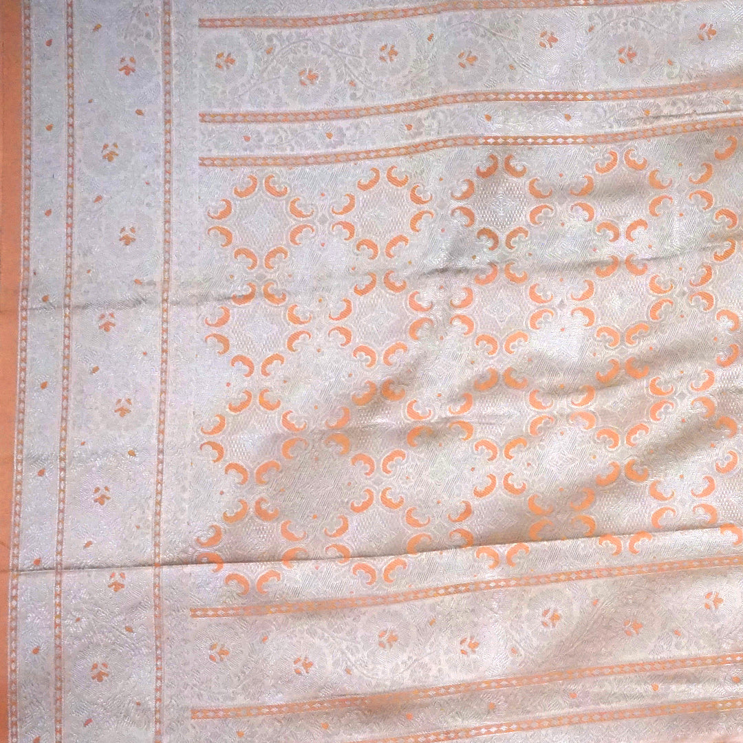 Peach - Beige Suhani Silk with Silver Zari and Pastel Peach motifs