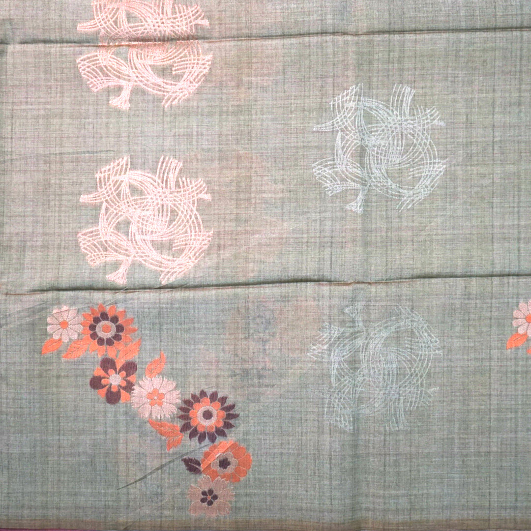 Olive green Palayam Silk Tussar with Copper and Mauve border