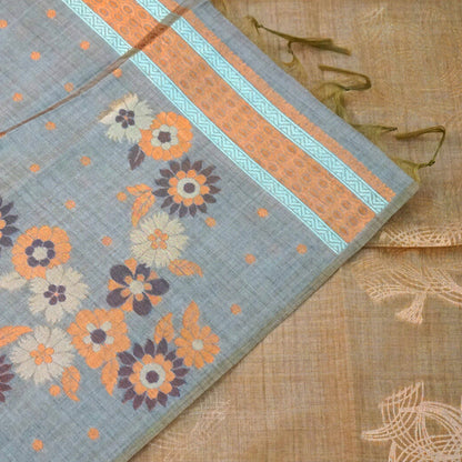 Warm brown Palayam Silk Tussar with soft grey border