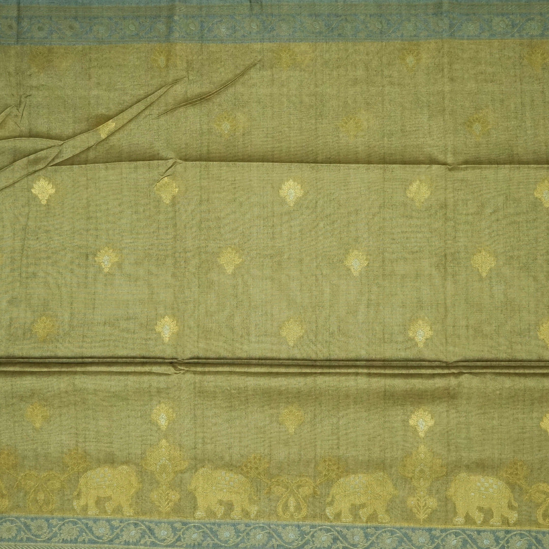 Olive Green Ambari Silk saree with Floral and Zari works