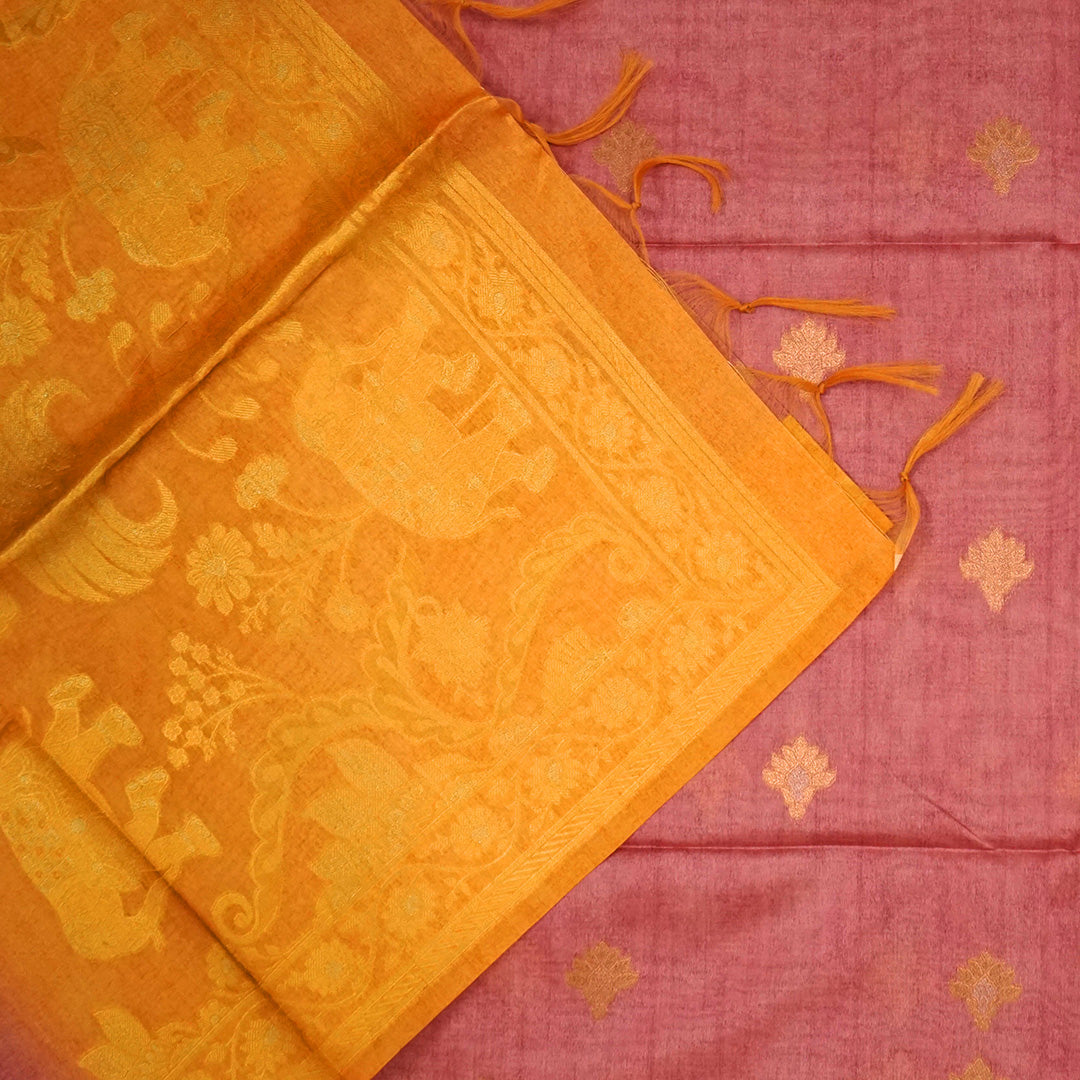 Dusty Rose Ambari Silk Saree with Gold Zari Floral Buttas