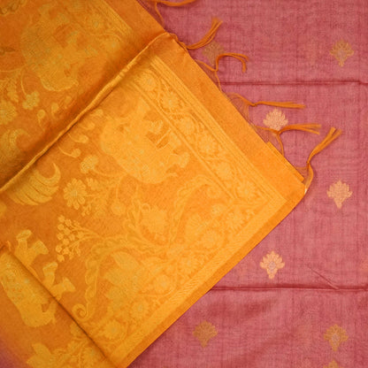 Dusty Rose Ambari Silk Saree with Gold Zari Floral Buttas