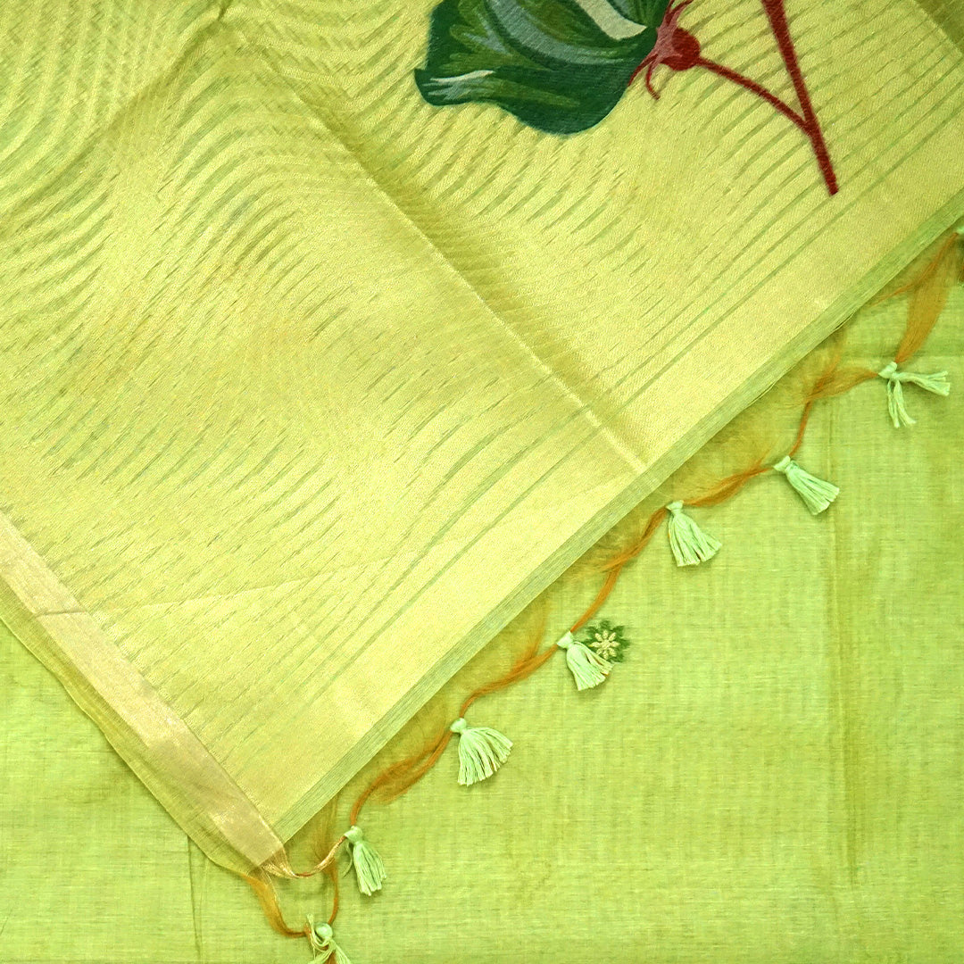Resham Tussar Soft pastel green shade with a light golden sheen.