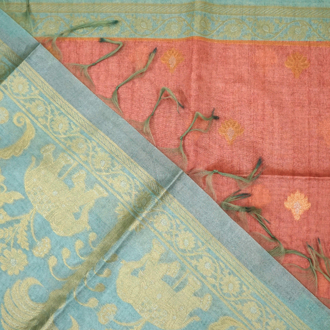 Coral Pink Ambari Silk Saree with Zari works