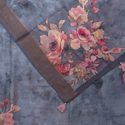 Chaithra Weave in Smoky steel grey base with floral prints