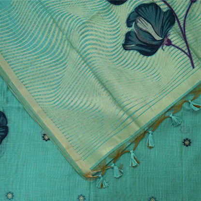 Resham Tussar in aqua blue linen-cotton base