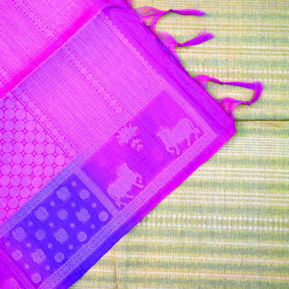 Pista Green Gokul Tussar with Pink and purple border