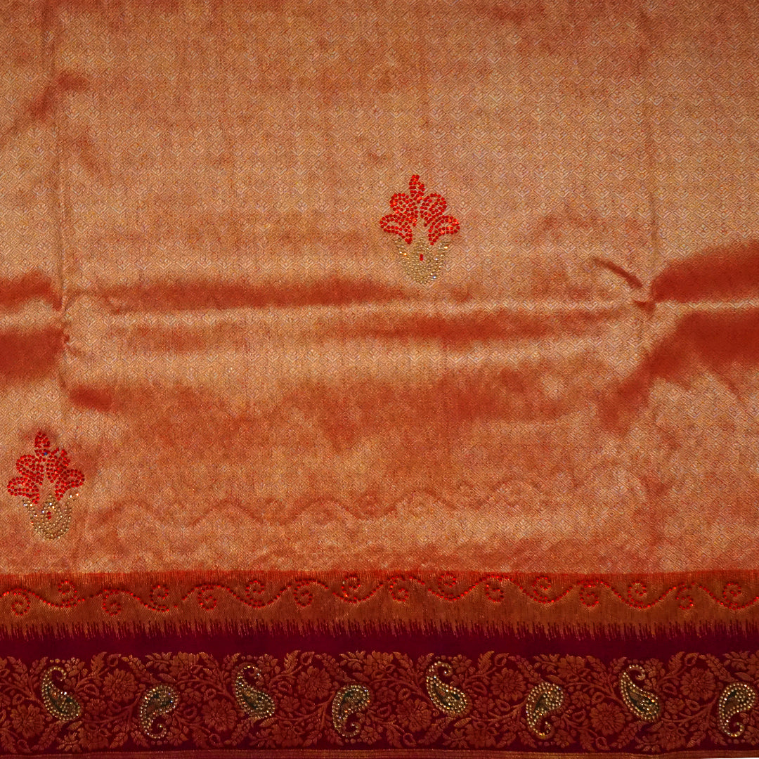 Silk Tulasi in Peach - Gold base with Rich Maroon border
