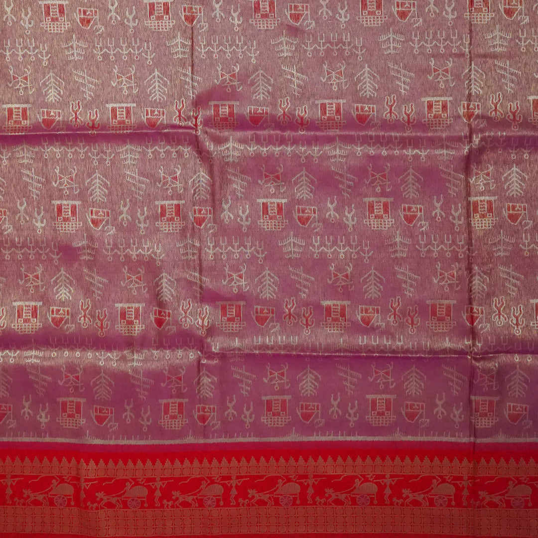 Crimson Red Stravi Silk with lavender - pink pallu and Gold Zari