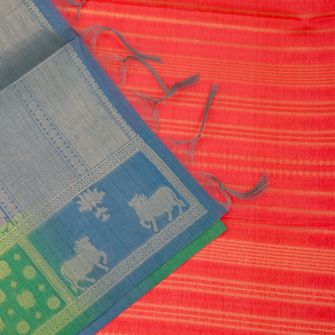 Coral Pink Gokul Tussar with Blue and Green border