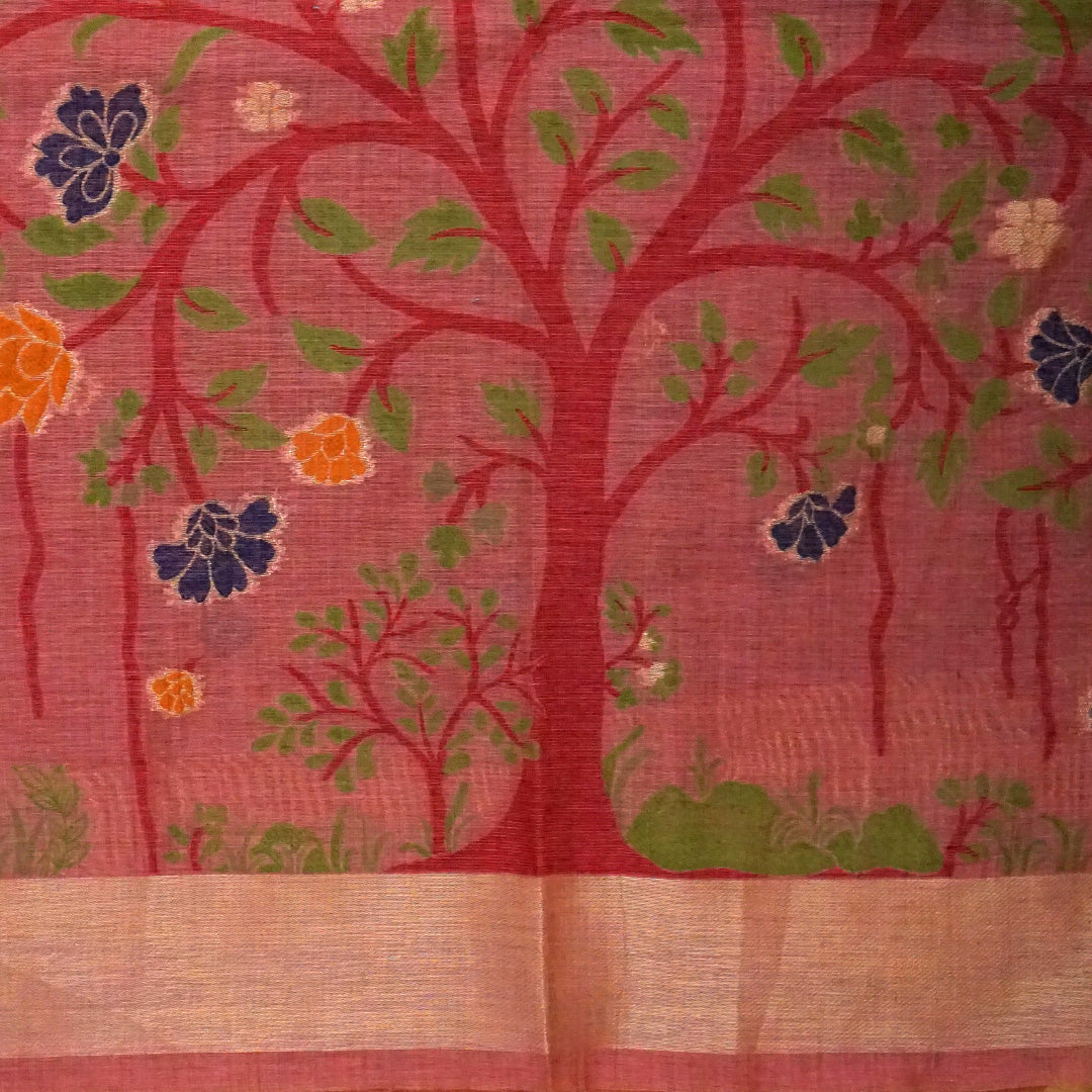 Varnica Tussar Soft peach pink shade with a subtle golden undertone