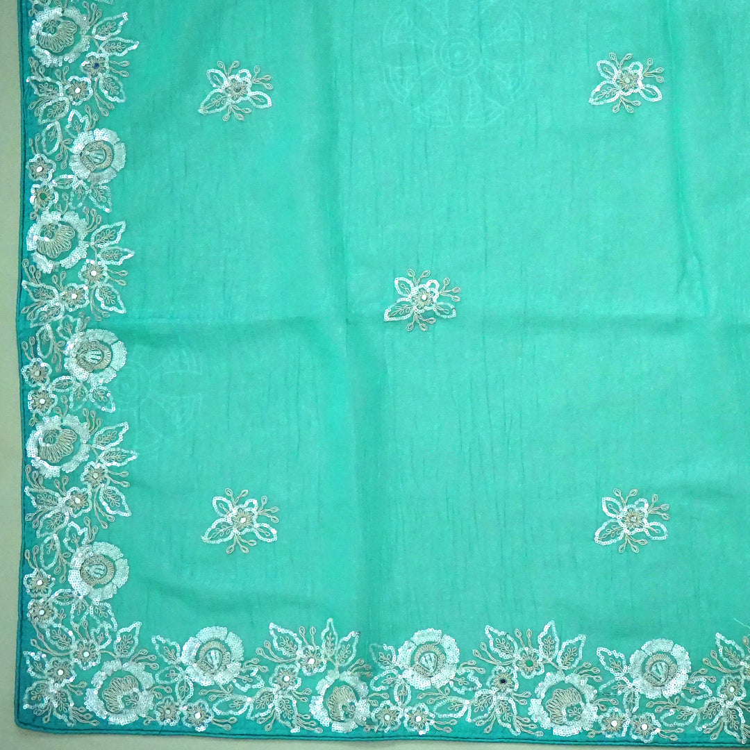PASTEL WHISPERS - Aqua Blue Designer Chiffon Saree with Floral Buttas and Silver Zari works