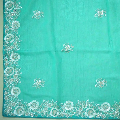 PASTEL WHISPERS - Aqua Blue Designer Chiffon Saree with Floral Buttas and Silver Zari works