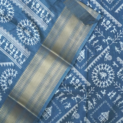 Kusum Silk in Slate Blue base with Kalamkari prints