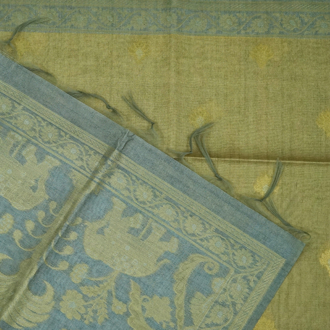 Olive Green Ambari Silk saree with Floral and Zari works