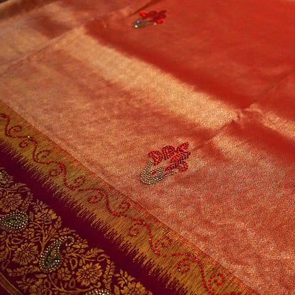 Silk Tulasi in Peach - Gold base with Rich Maroon border