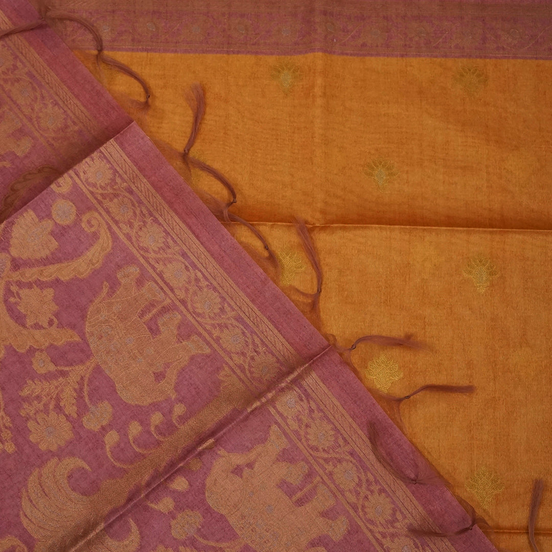 Golden Amber Ambari Silk Saree with Dusky Mauve border and Zari works.