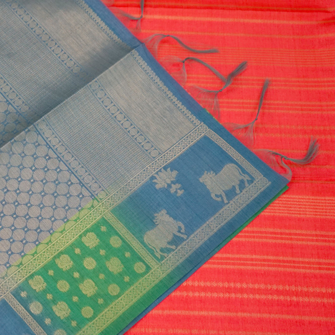 Coral Pink Gokul Tussar with Blue and Green border