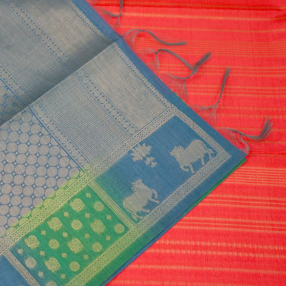 Coral Pink Gokul Tussar with Blue and Green border