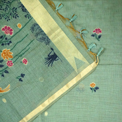 Varnica Tussar Soft pastel green shade with a subtle golden shimmer