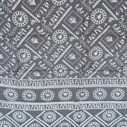 Kusum Silk in Charcoal Grey base with Kalamkari prints