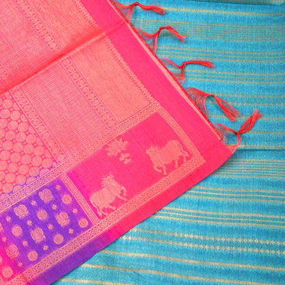 Teal Blue Gokul Tussar with pink and purple border