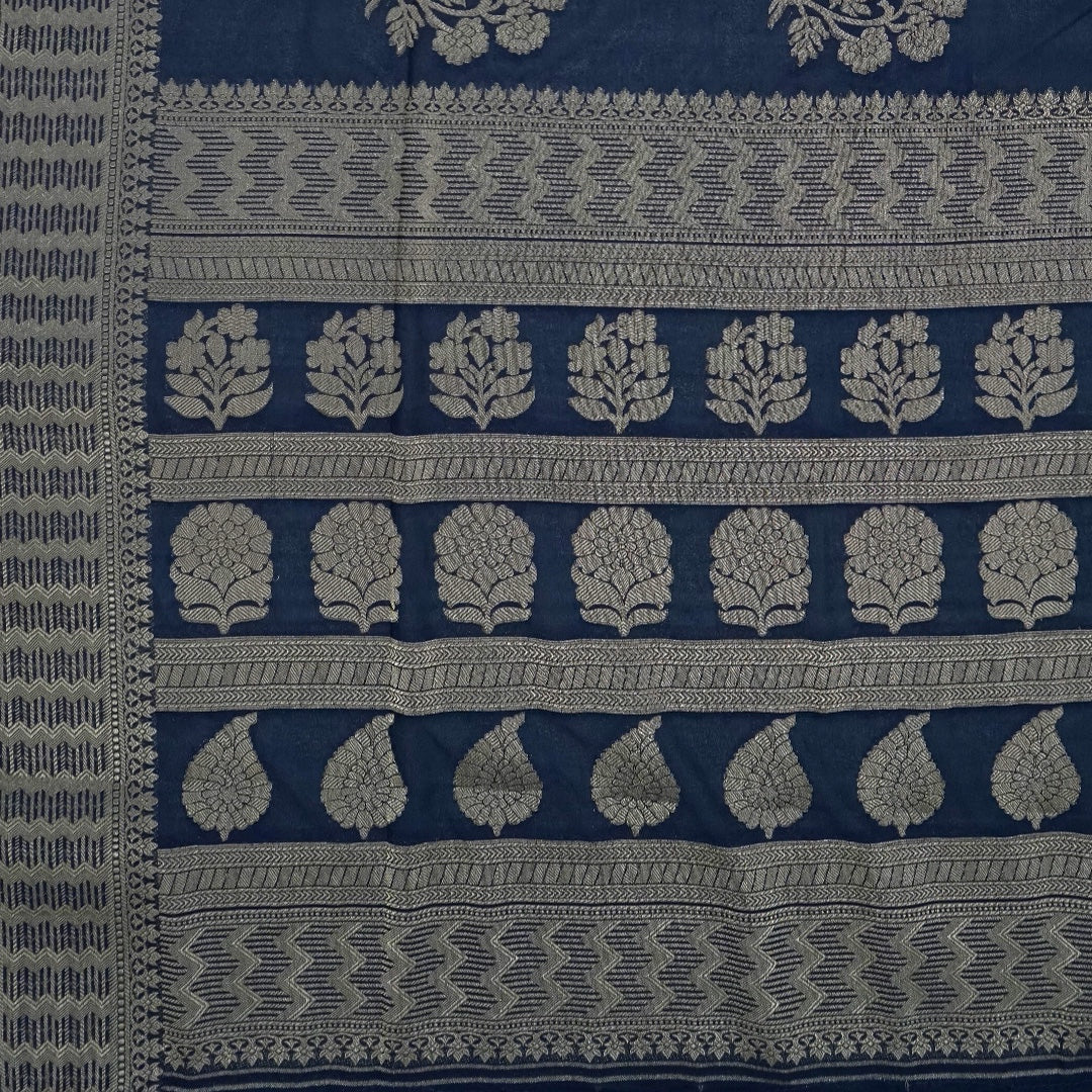 Neera Silk in Deep Navy Blue Base with Floral works