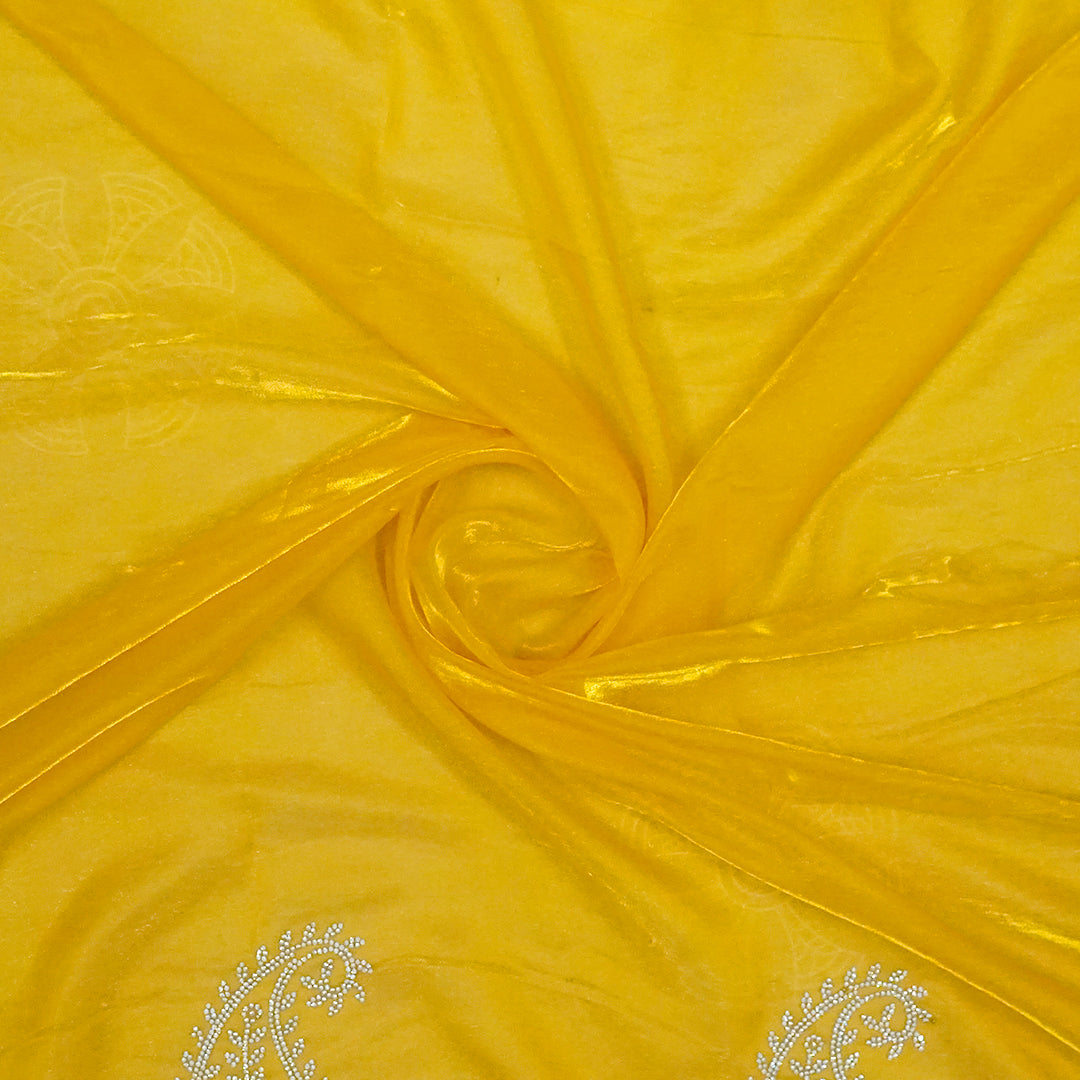 Ratnalekha Silk saree in rich golden yellow base highlighted with intricate silver zari embroidery