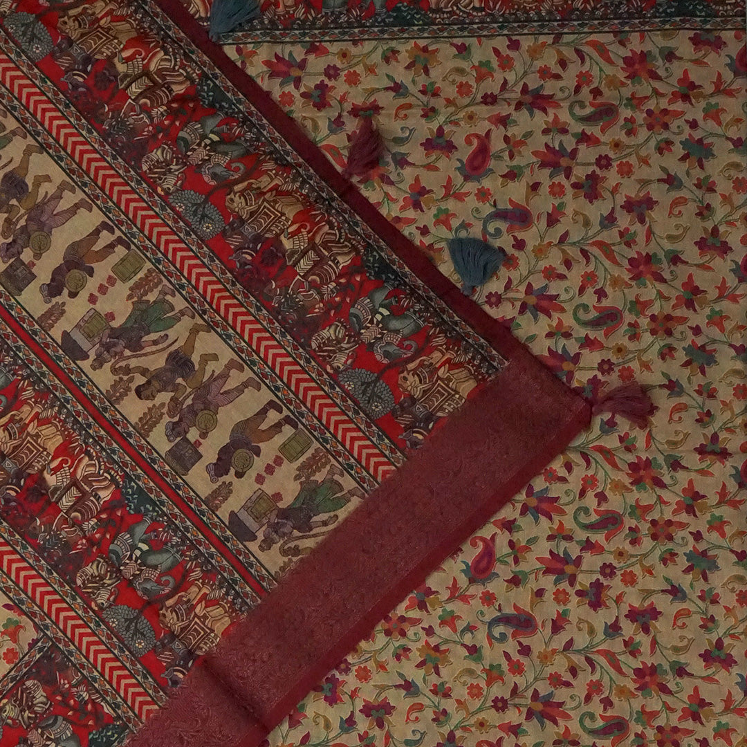 Kavya Loom in Deep Maroon Base with Kalamkari style prints