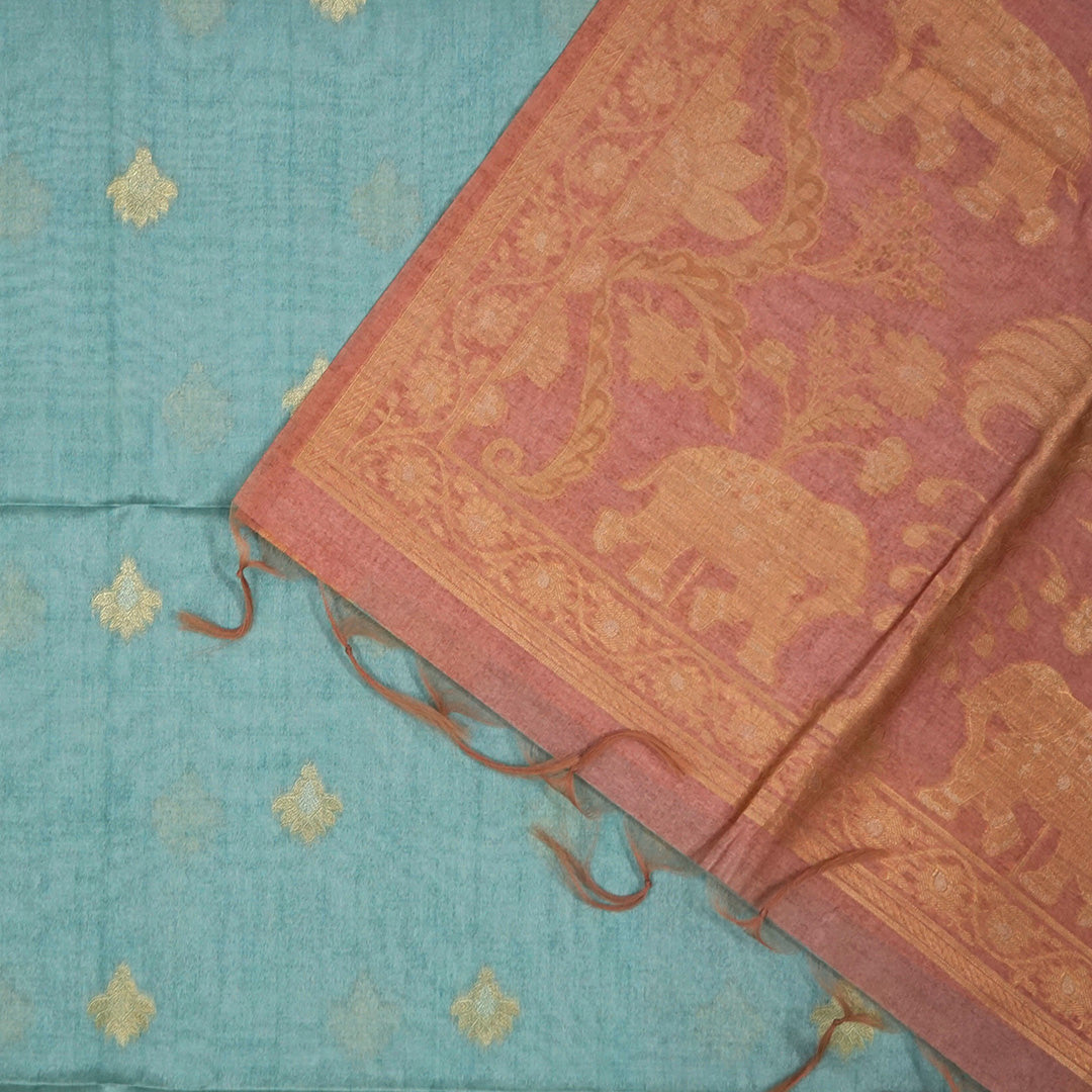Aqua Blue Ambari Tussar with Rust border