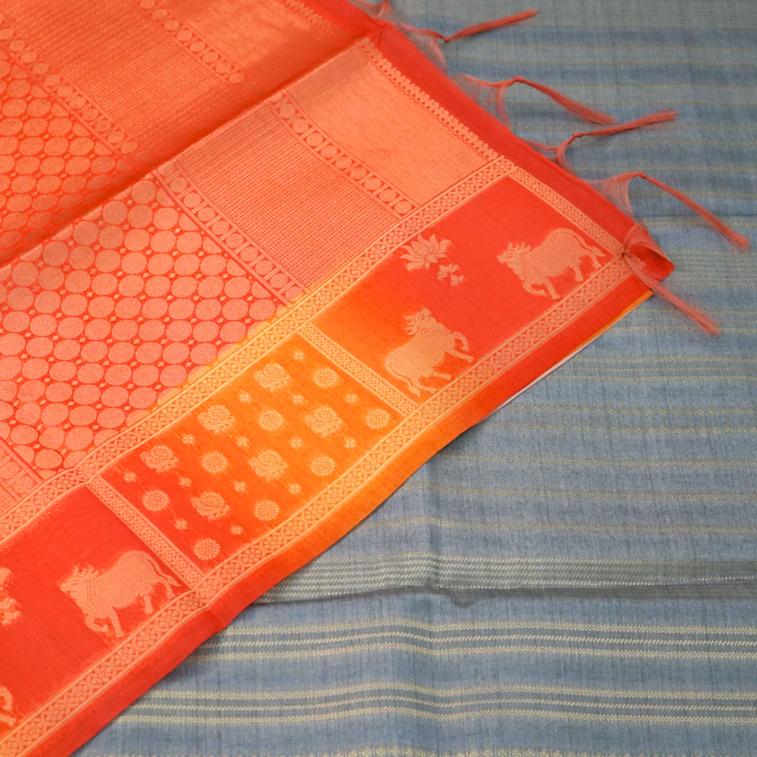 Subtle Grey Gokul Tussar with Red and Orange border.