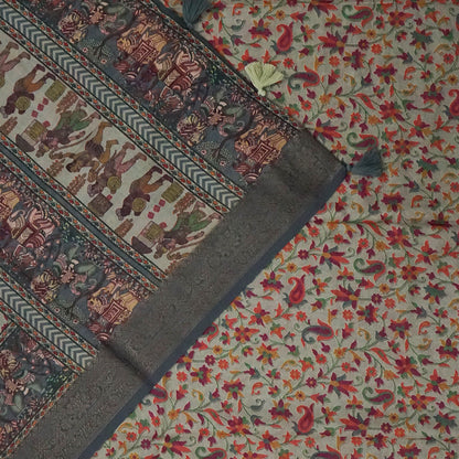 Kavya Loom in Charcoal - Grey Base with Kalamkari style prints