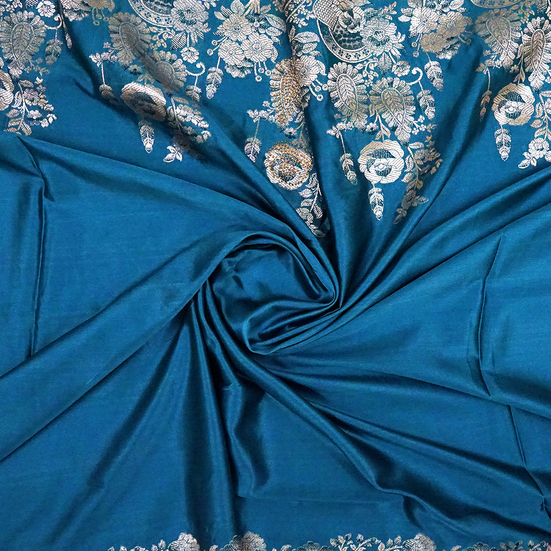 Teal Madhur Sangam silk saree with Gold Zari