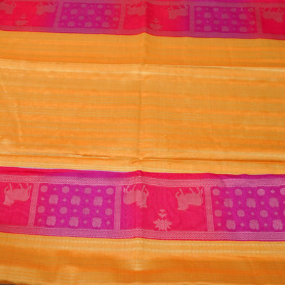 Mustard yellow Gokul Tussar with pink border