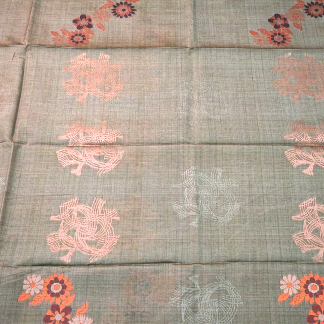Olive green Palayam Silk Tussar with Copper and Mauve border