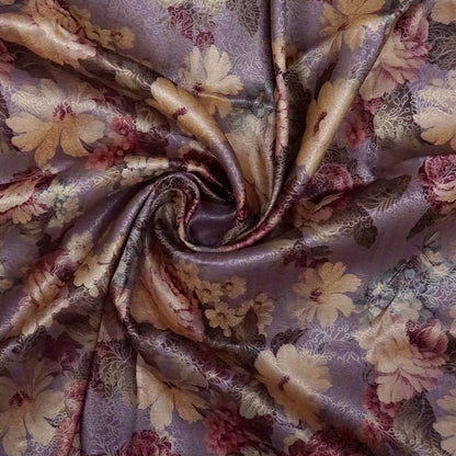 Silk Satin Soft lavender-grey shade with a floral pattern in hues of cream, beige, and deep mauve.