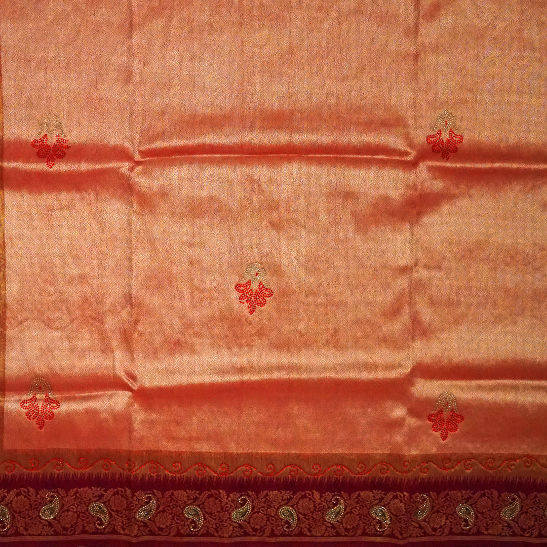 Silk Tulasi in Peach - Gold base with Rich Maroon border